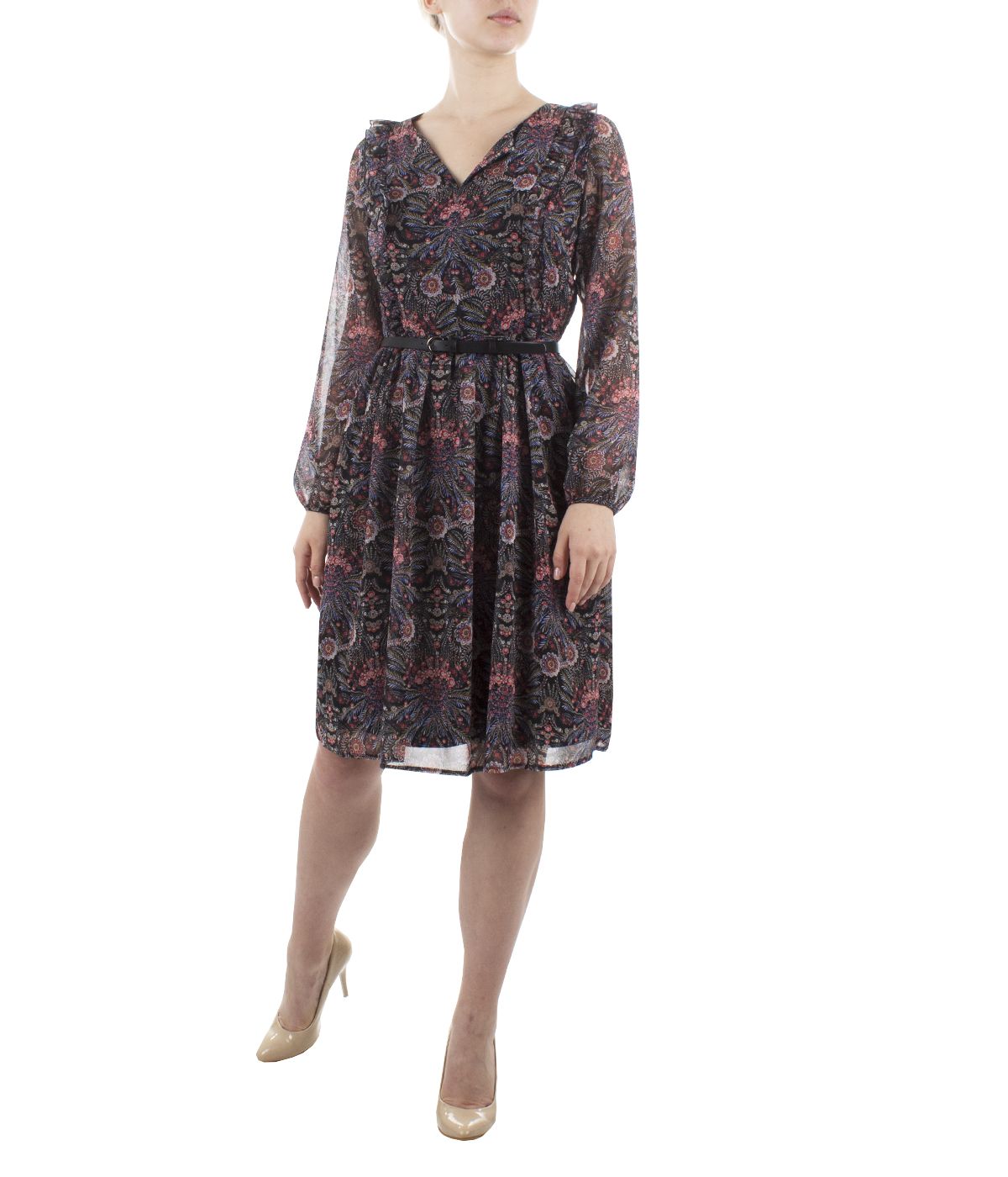 Chiffon dress with long sleeves, emphasized waist, with paisley print  4